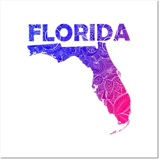 Colorful mandala art map of Florida with text in blue and violet Posters and Art